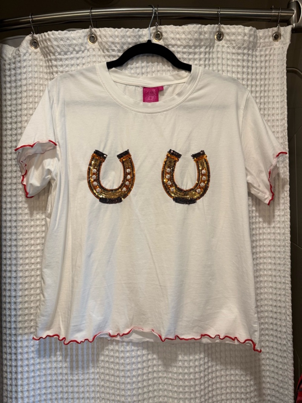 Queen of Sparkles Tee with Gold Sequin Horseshoes
